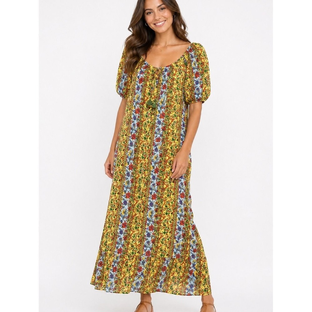 NWT Easel Size Small Oversized Boho Yellow Floral Puff-Sleeve Maxi Dress